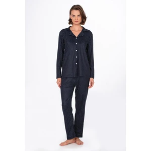 Kadın Süet Önden Düğmeli Pijama Takımı | Puantiyeli Lacivert