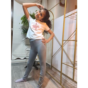 Şimo Butik Kız Çocuk Tayt Kışlık Pamuklu Şardonlu Beli Lastikli Kurdeleli Köpekli Gri Dar Kalıp