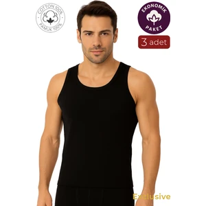 3'lü Paket Pamuklu Ribana Kalın Askılı Erkek Atlet | Siyah K0113