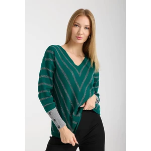 Kadın Koyu Yeşil Simli V Yaka Kazak