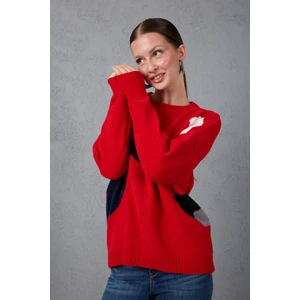 Kadın Kırmızı Şönil Kadife Renk Bloklu Bisiklet Yaka Triko Kazak