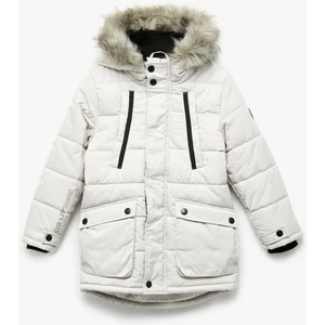 Peluş Detaylı Uzun Kollu Fermuarlı Cepli Uzun Kapşonlu Şişme Mont