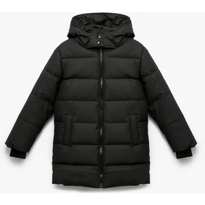 Uzun Kollu Fermuarlı Cepli Içi Suni Kürklü Kapşonlu Uzun Şişme Mont