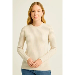 Kadın Bisiklet Yuvarlak Yaka Triko Kazak Pamuklu Kalın Fitilli Dokuma, Regular Fit Uzun Kollu Kışlık Model - Bej