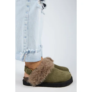 Antonella Kürklü Kadın Hakiki Deri Arkadan Kemerli Platform Sabo Haki Sandalet