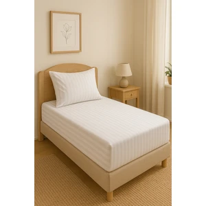 Çizgili Pamuk Saten Lastikli Çarşaf ve Yastık Kılıfı Beyaz Çarşaf