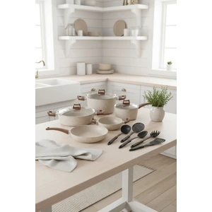 Marcel 13 Parça Granit Tencere Seti Krem