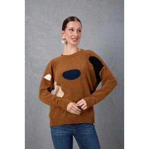 Kadın Taba Şönil Kadife Renk Bloklu Bisiklet Yaka Triko Kazak