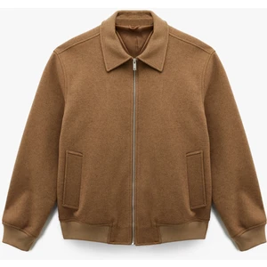 Uzun Kollu Cepli Fermuarlı Gömlek Yaka Kaşe Bomber Ceket