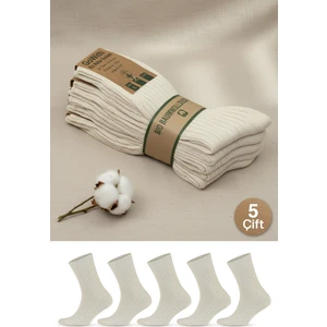 5 Çift Kadın Erkek Ekru Bio Naturel %100 Doğal Pamuklu Ribana Örgü Dikişsiz Soket Çorap 3013
