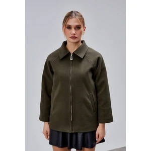 Haki Oversize Fermuarlı Kaşe Ceket