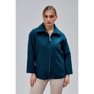 Petrol Mavi Oversize Fermuarlı Kaşe Ceket