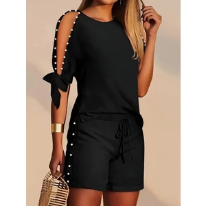 Etiler Collection Kadın Kısa Kollu Bisiklet Yaka Yarı Açık Omuz Inci Detaylı Short T-Shirt Viskon Ikili Takım