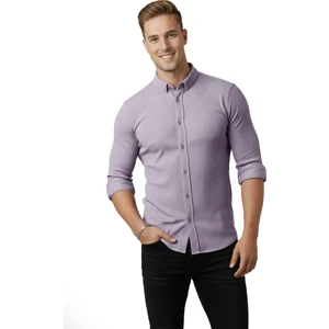 DeepSEA Erkek Gri Likralı Kumaşı Fitilli Slim Fit Uzun Kollu Gömlek 2500805