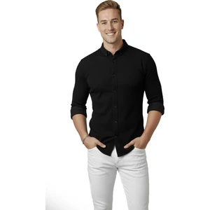 DeepSEA Erkek Siyah Likralı Kumaşı Fitilli Slim Fit Uzun Kollu Gömlek 2500805