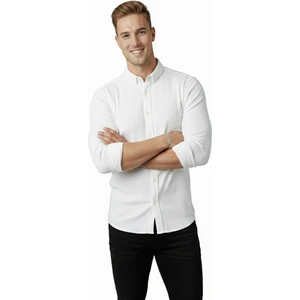 DeepSEA Erkek Beyaz Likralı Kumaşı Fitilli Slim Fit Uzun Kollu Gömlek 2500805