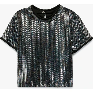 Kısa Kollu Bisiklet Yaka Pullu Payetli Bluz