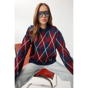 Happiness İstanbul Baklava Desenli Oversize Triko Kazak LFN0129 Lacivert Bordo