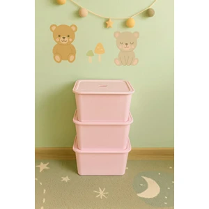3 Adet Pembe Kapaklı Derin Oyuncak ve Eşya Saklama Kutusu Polipropilen Plastik 3'lü Sepet Seti