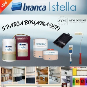 Stella Yeni Nesil Dönüşüm Boyası Avantajlı Boya Seti 1 Litre Boya - 0,5 Litre Maximo Vernik - Boya Tavası - Kadife Rulo - Ipek Fırça