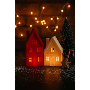 Kış Evleri 2'li Set Kırmızı Beyaz Noel Evleri Yılbaşı Süsleri Dekor Tealight Mumluk Tavşan Hediyeli