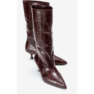 Crow Bordo Baskı Sivri Burunlu Kadın Topuklu Kısa Çizme