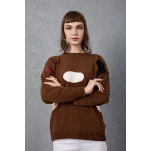 Kadın Acı Kahve Şönil Kadife Renk Bloklu Bisiklet Yaka Triko Kazak