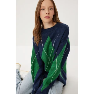 Happiness İstanbul Baklava Desenli Oversize Triko Kazak LFN0124 Lacivert Yeşil