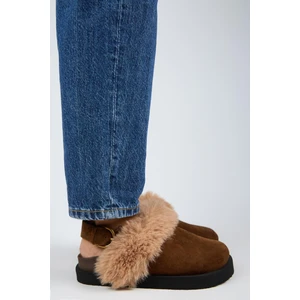 Antonella Kürklü Kadın Hakiki Deri Arkadan Kemerli Platform Sabo Taba Sandalet