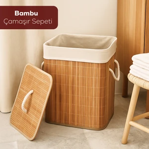 PBT-053 Kapaklı Kirli Çamaşır Sepeti Dikdörtgen - Bambu Kirli Çamaşır Sepeti