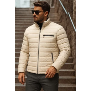 Erkek Kışlık Basic Dik Yaka Fermuarlı Krem Şişme Mont