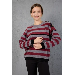 Kadın Gri-Bordo Çizgili Şönil Kadife Bisiklet Yaka Omuzda Düğme Detaylı Triko Kazak