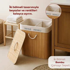 PBT-440 Çift Bölmeli Kapaklı Kirli Çamaşır Sepeti Dikdörtgen - Iki Bölmeli Bambu Kirli Çamaşır Sepeti