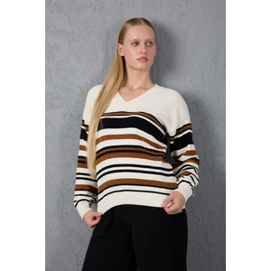 Kadın Beyaz Çizgili V Yaka Şönil Kadife Triko Kazak