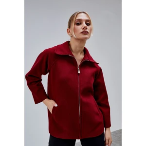 Bordo Oversize Fermuarlı Kaşe Ceket