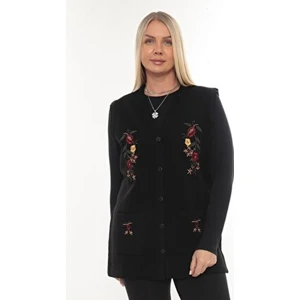 Güllü Nakışlı Kışlık Kalın Çelik Örgü Düğmeli Cepli Triko Anne Yelek
