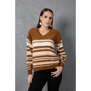 Kadın Taba Çizgili V Yaka Şönil Kadife Triko Kazak