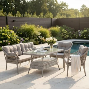 Tu Tienda Kaş 3+1+1+Masa Rattan Bahçe Balkon Mobilyası,RATTAN GRİ / KUMAŞ GRİ