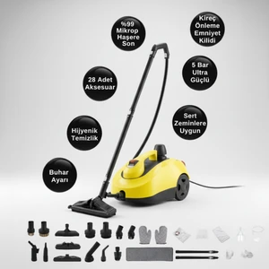 S608 Yeni Nesil Çok Fonksiyonel 28 Adet Aksesuar 5 Metre Kablolu Buharlı Temizlik Makinesi