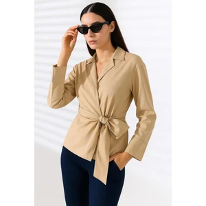 Saten Kruvaze Yaka Yandan Bağlamalı Gömlek Bluz