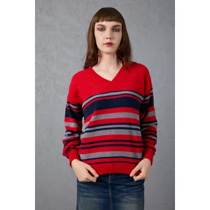 Kadın Kırmızı Çizgili V Yaka Şönil Kadife Triko Kazak