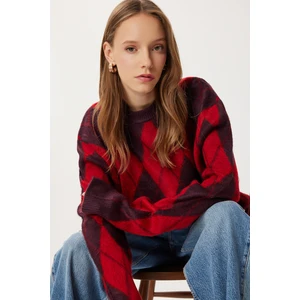 Happiness İstanbul Baklava Desenli Oversize Triko Kazak LFN0129 Mürdüm Kırmızı