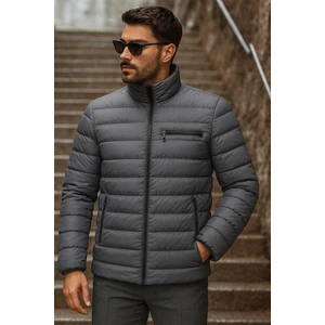 Erkek Kışlık Basic Dik Yaka Fermuarlı Füme Şişme Mont