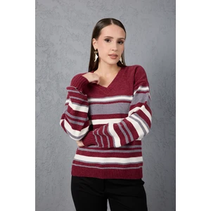 Kadın Bordo Çizgili V Yaka Şönil Kadife Triko Kazak