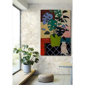 Teona Ahşap Ahşap Tablo Yağlı Boya Görünümlü Bohem Sanat Kedi ve Bitki Ev Dekorasyonu Duvar Tablosu