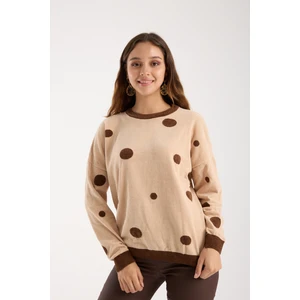 Kadın Krem Puantiyeli Şönil Kadife Bisiklet Yaka Triko Kazak