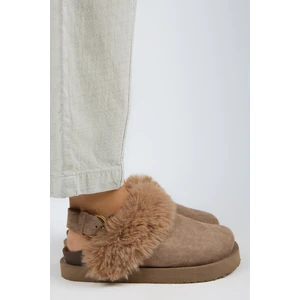 Antonella Kürklü Kadın Hakiki Deri Arkadan Kemerli Platform Sabo Vizon Sandalet