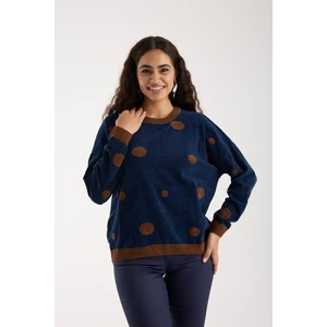 Kadın Koyu Laci Puantiyeli Şönil Kadife Bisiklet Yaka Triko Kazak