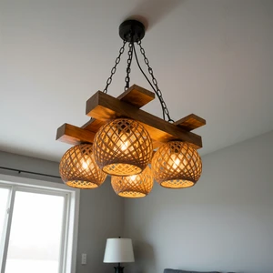 Celestia Home Rustik Avize El Yapımı 4’lü Kare Masif Ahşap Hasır Örgü Başlıklı – Salon, Mutfak ve Oturma Odası Için Bohem Çiftlik Evi Tarzı Zincirli Sarkıt Tavan Lambası (40X40 Cm)