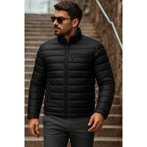 Erkek Kışlık Basic Dik Yaka Fermuarlı Siyah Şişme Mont